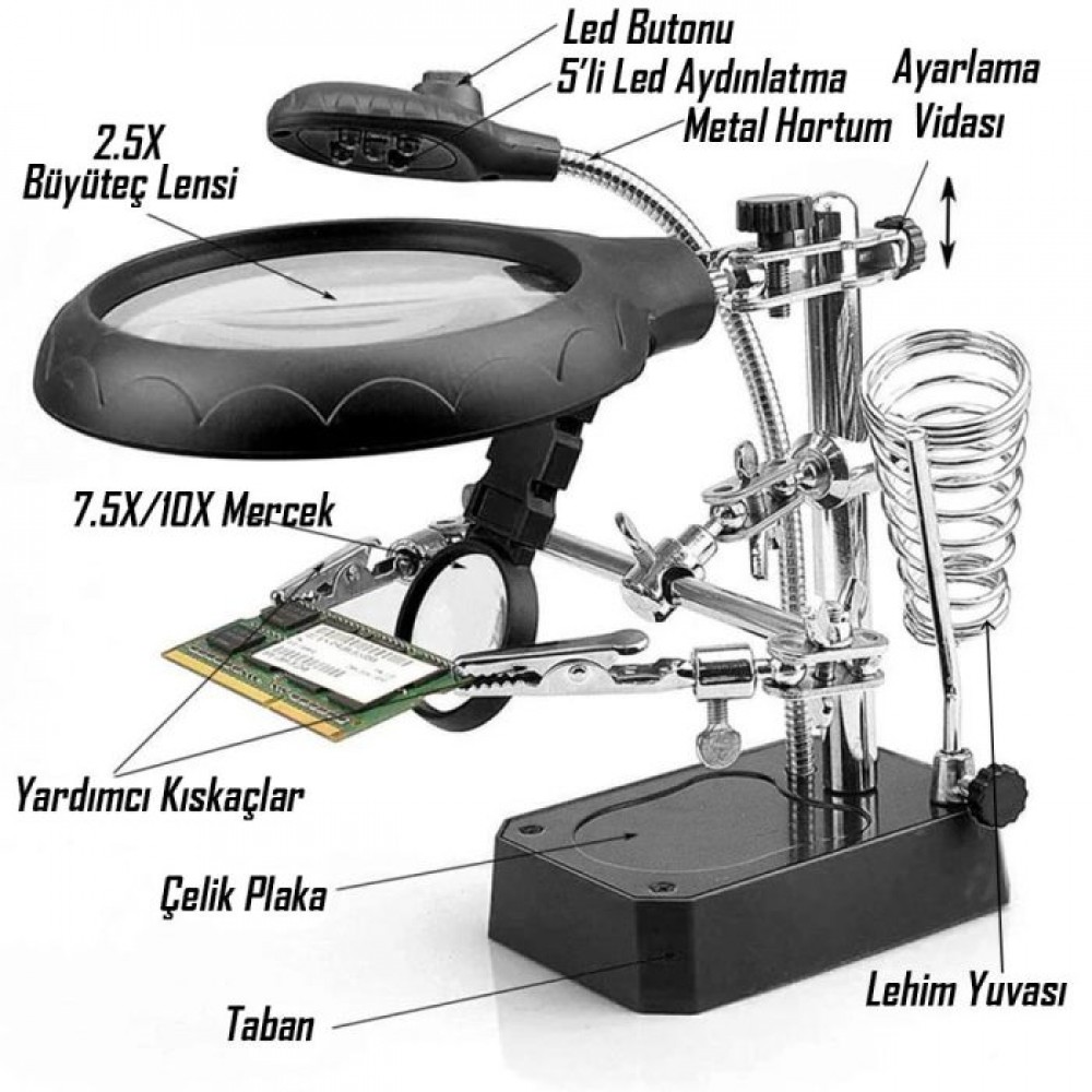 5 LED 3 Farklı Mercek Çok Fonksiyonlu Lehim Tamir Standı Büyüteç