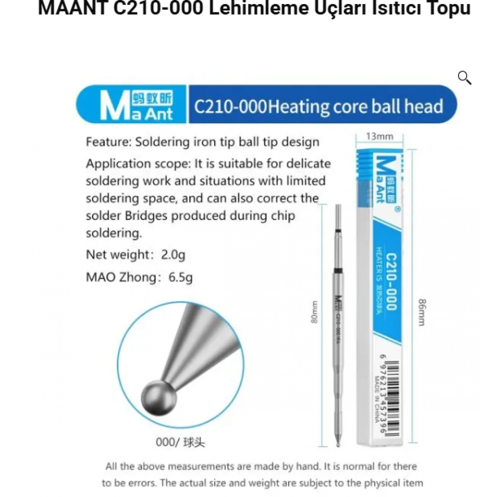 MAANT C210-000 Lehimleme Uçları Isıtıcı Topu