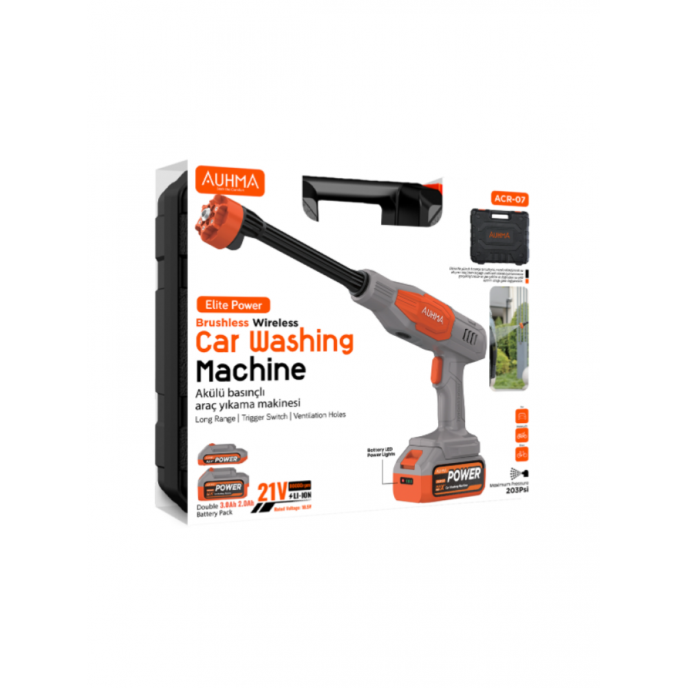 AUHMA ACR-07 21V Akülü Basınçlı Oto Yıkama Makinesi – 203 PSI, Çift Bataryalı, Fırçasız Motor, Taşınabilir Yüksek Basınçlı Su Tabancası