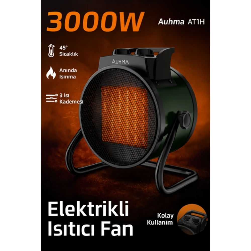 Auhma AT1H Elektrikli Isıtıcı Fan | 3000W Hızlı Isınma, 3 Kademeli Ayar, Sessiz Ptc Isıtma Teknolojisi