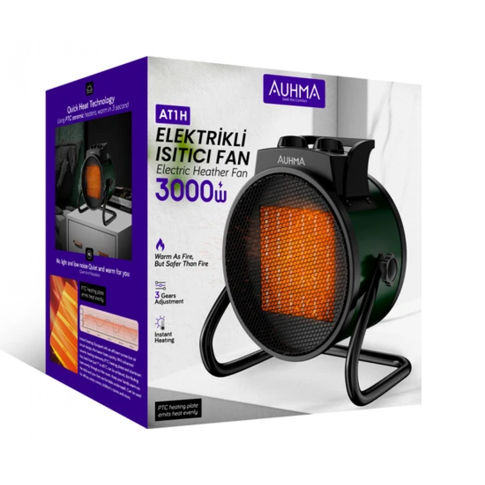 Auhma AT1H Elektrikli Isıtıcı Fan | 3000W Hızlı Isınma, 3 Kademeli Ayar, Sessiz Ptc Isıtma Teknolojisi